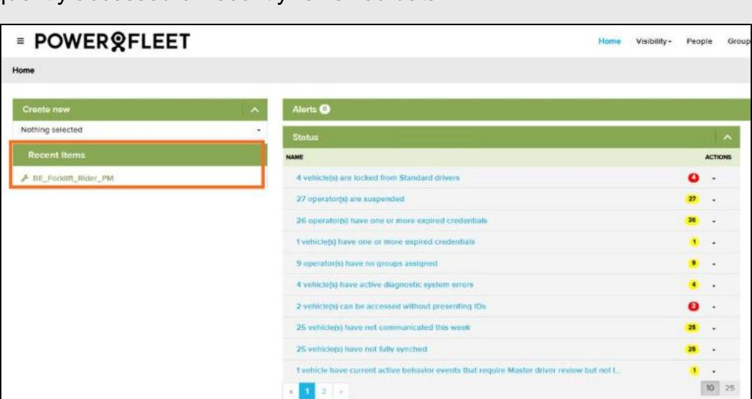 Recent Items panel highlighted in dashboard